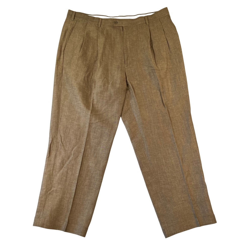 Louis Raphael Rosso Red Men 42x30 (Fit 42x29) Pleated Linen Pants Tan Brown
